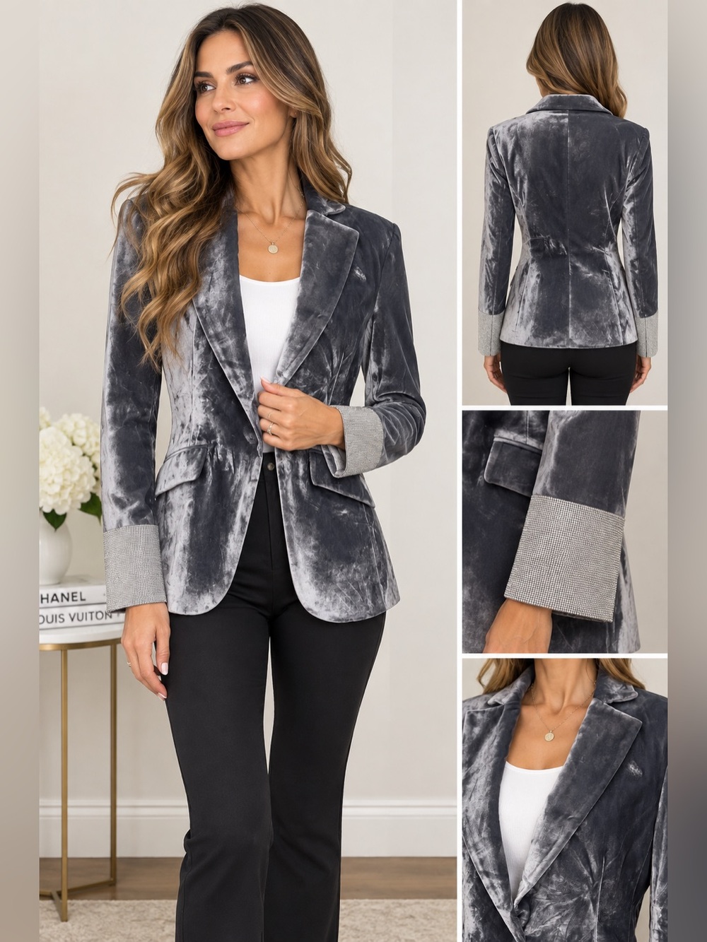 Cinq à Sept Size 6 Gray Velvet Blazer with Rhinestone Cuffs